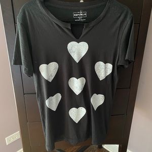 For the Republic Distressed Heart B&W Tee, S EUC